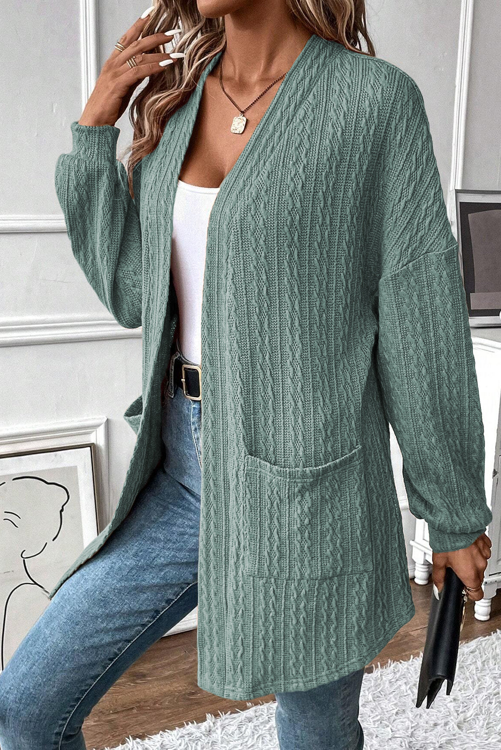 Canton Textured Knit Side Pockets Open Front Cardigan