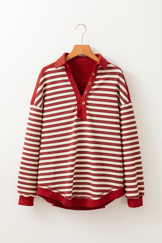 Red Stripe Buttoned V Neck Collared Drop Shoulder Top