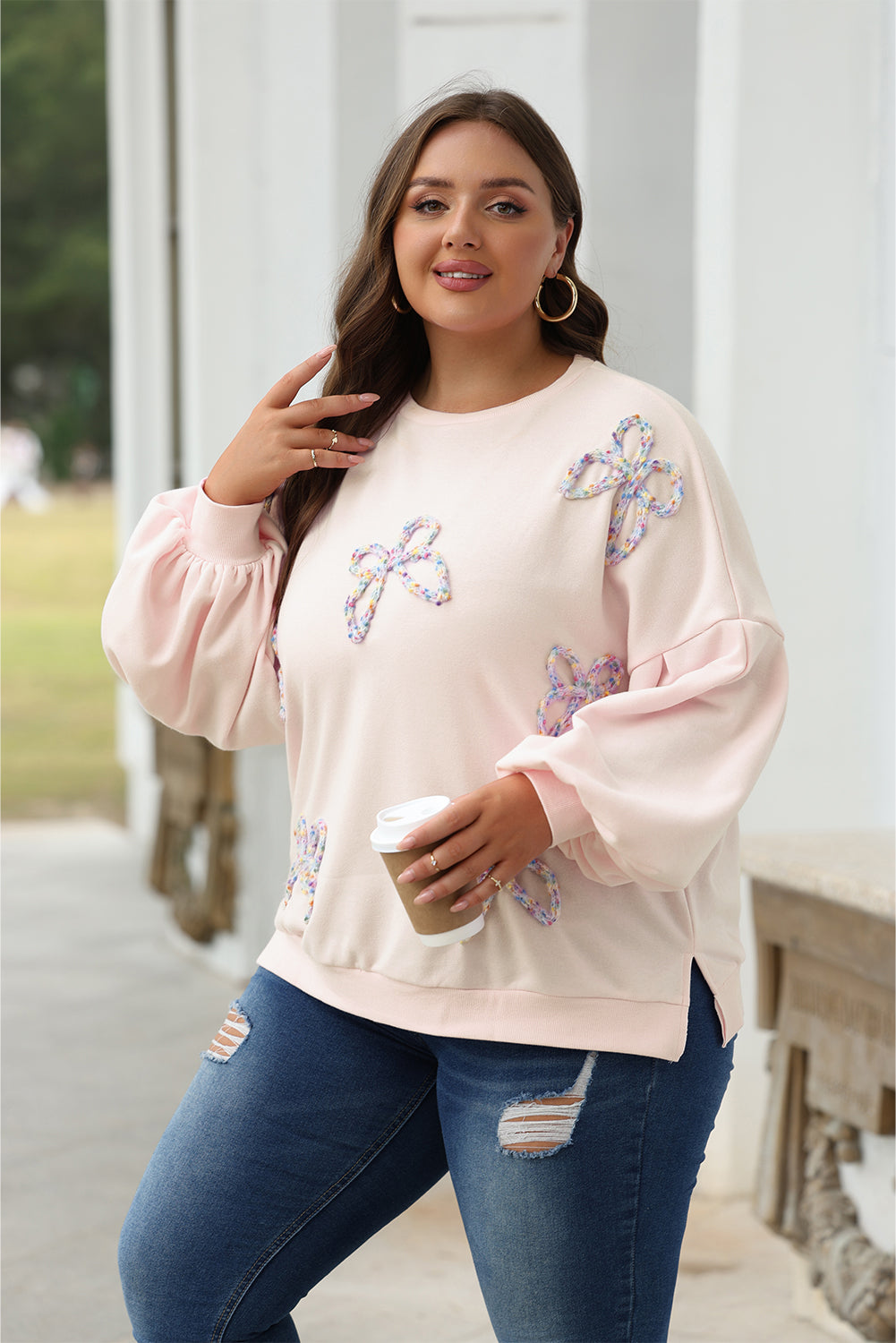 Parchment Embroidered Bow Lantern Sleeve Oversized Pullover Sweatshirt