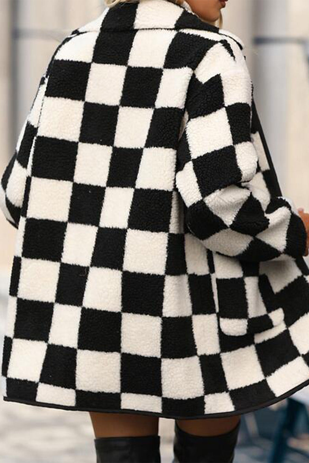 Black Checkered Side Pockets Collared Buttoned Fleece Jacket